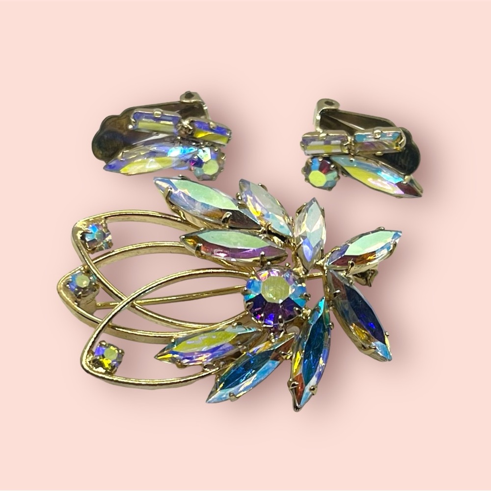 Vintage Crystal Brooch & Earrings Set Aurora Borealis + Gift Box